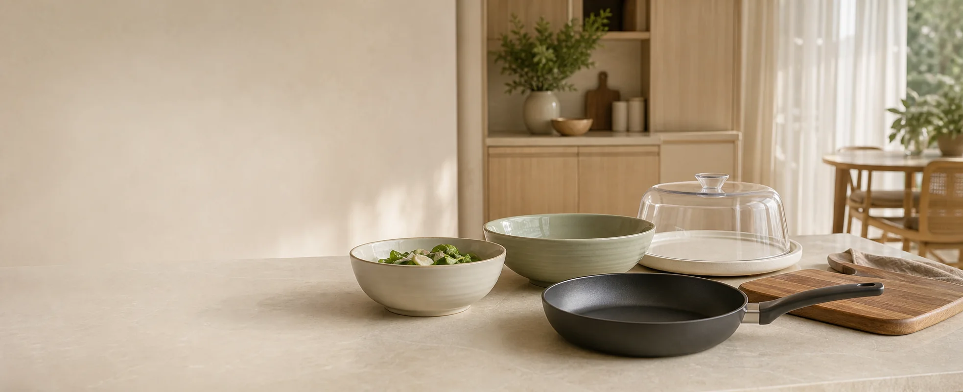 Warm kitchen counter with Ruumaku bowls, frying pan, food cover and cutting board